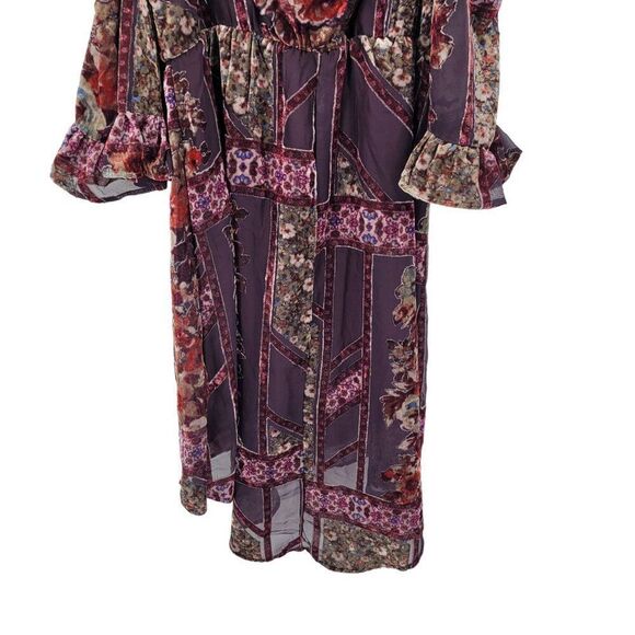 Venus Bohemian Floral High Low Cold Shoulder‎ Dress L Ox Blood Velvet Burnout - Picture 7 of 11